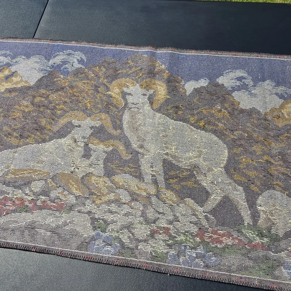 Vintage Italian Velvet Tapestry Mountain Sheep Scene Woven 38x19 Wall Hanging